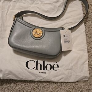 Chloe Dusty Blue Leather Shoulder Bag with Gold Emblem